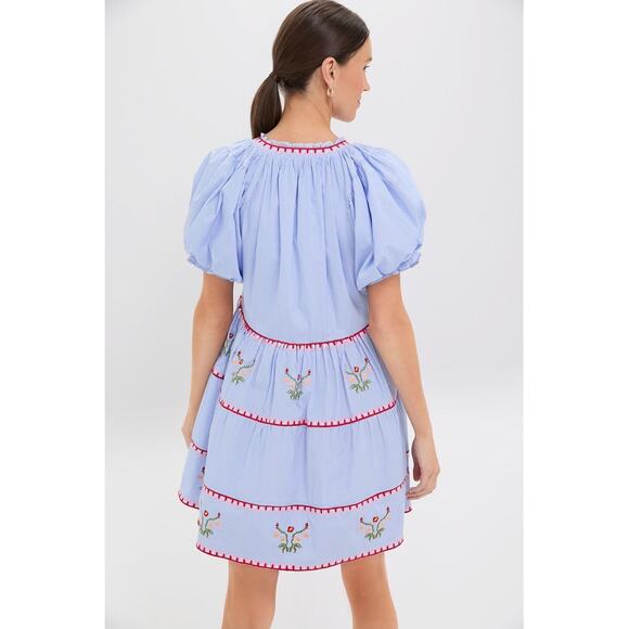 HYACINTH HOUSE Blue Pinstripe Embroidered V-Neck Lillian Mini Dress Size XS NWT - Picture 2 of 8